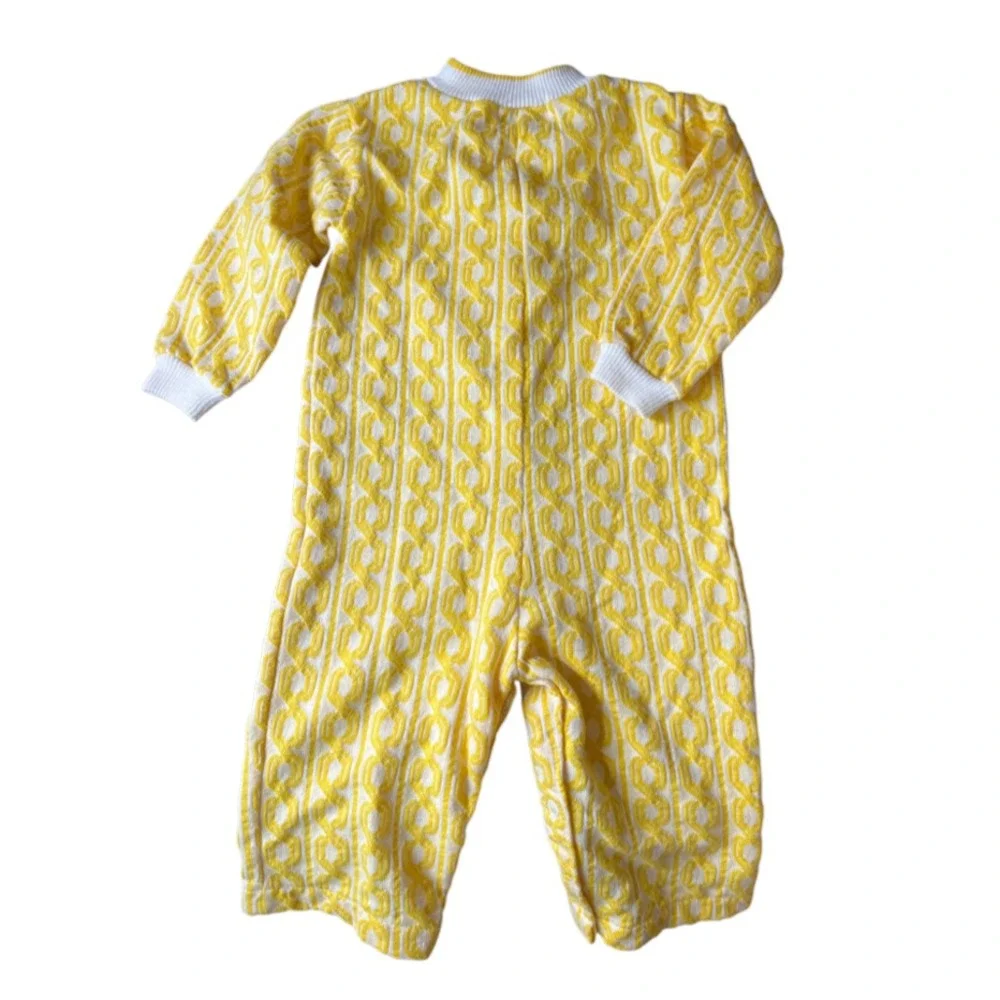 Vtg HEALTH-TEX Stantogs Romper Zip-Up YELLOW CHAIN PRINT Long Leg/Sleeve 18M